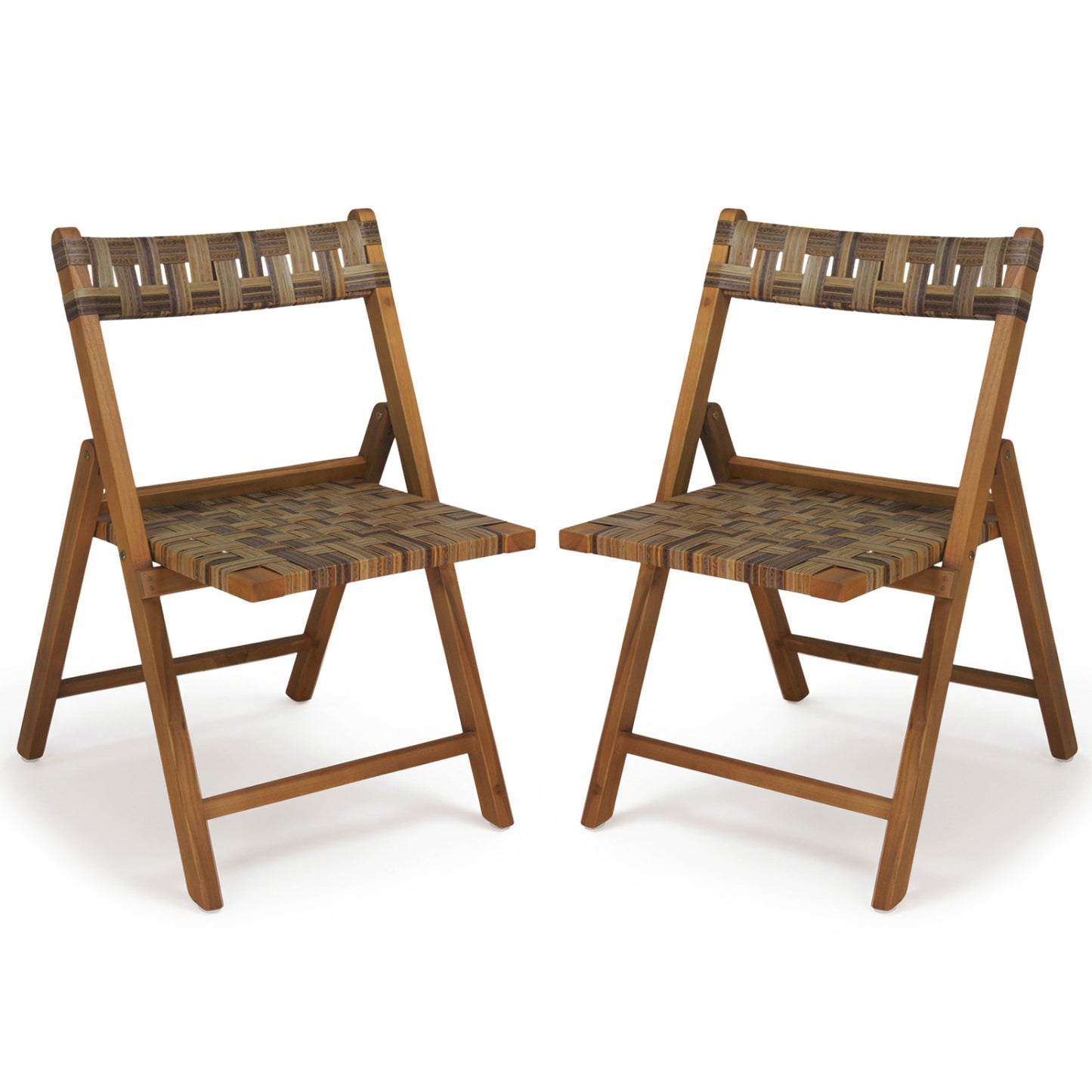 Set of two teak folding patio chairs with hand-woven rattan seats and contoured backs for outdoor seating.