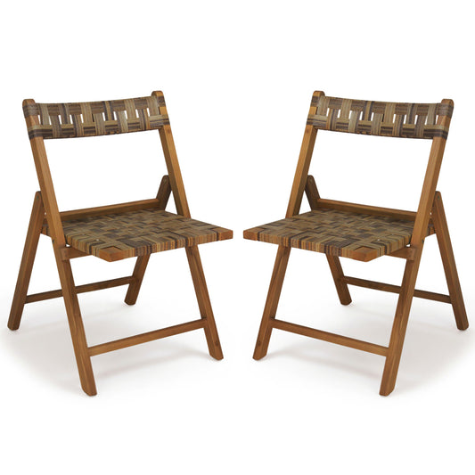 Teak Folding Chairs Set of 2 with Hand-Woven Rattan and Contoured Back