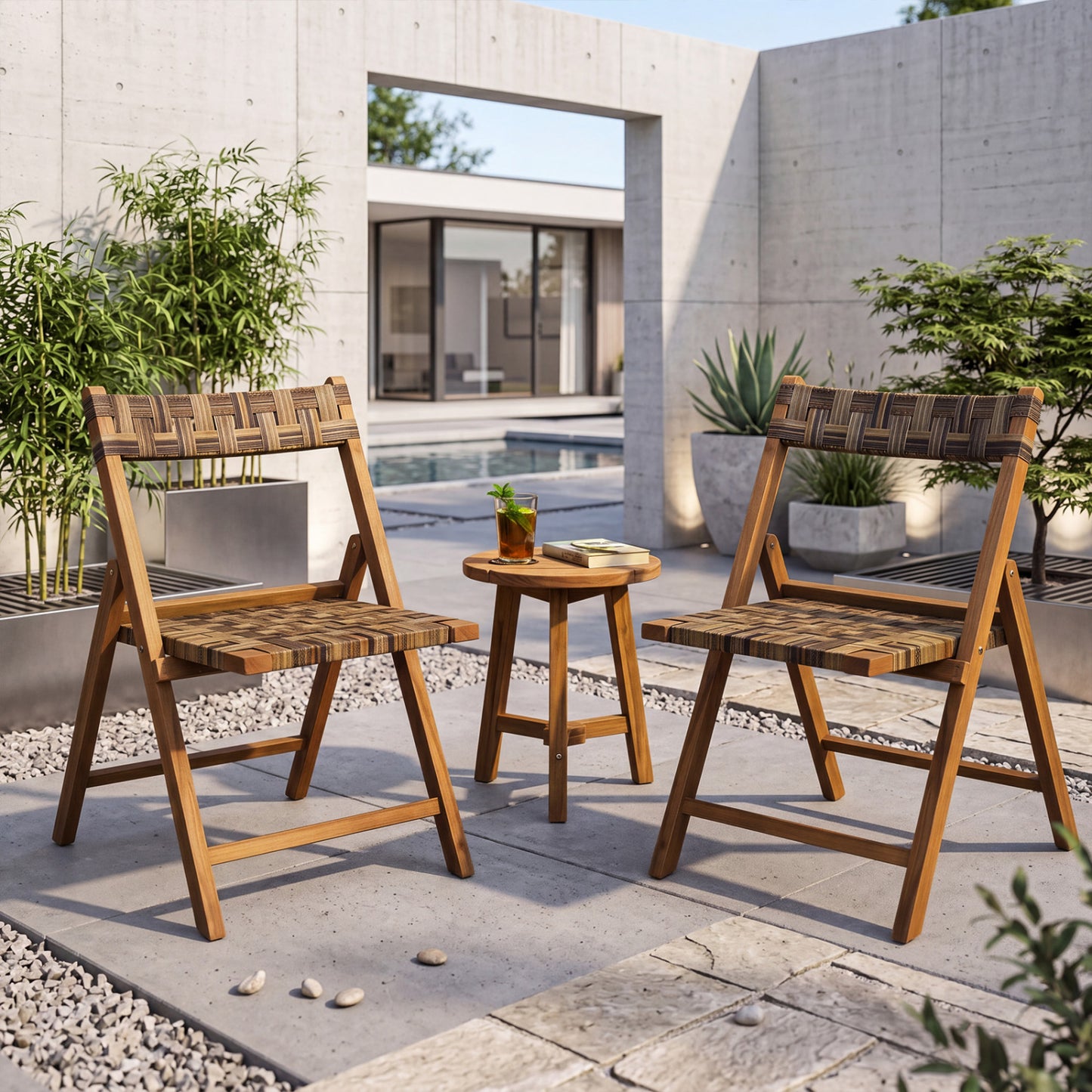 Set of 2 teak folding patio dining chairs with hand-woven rattan seats and contoured backs for outdoor seating.