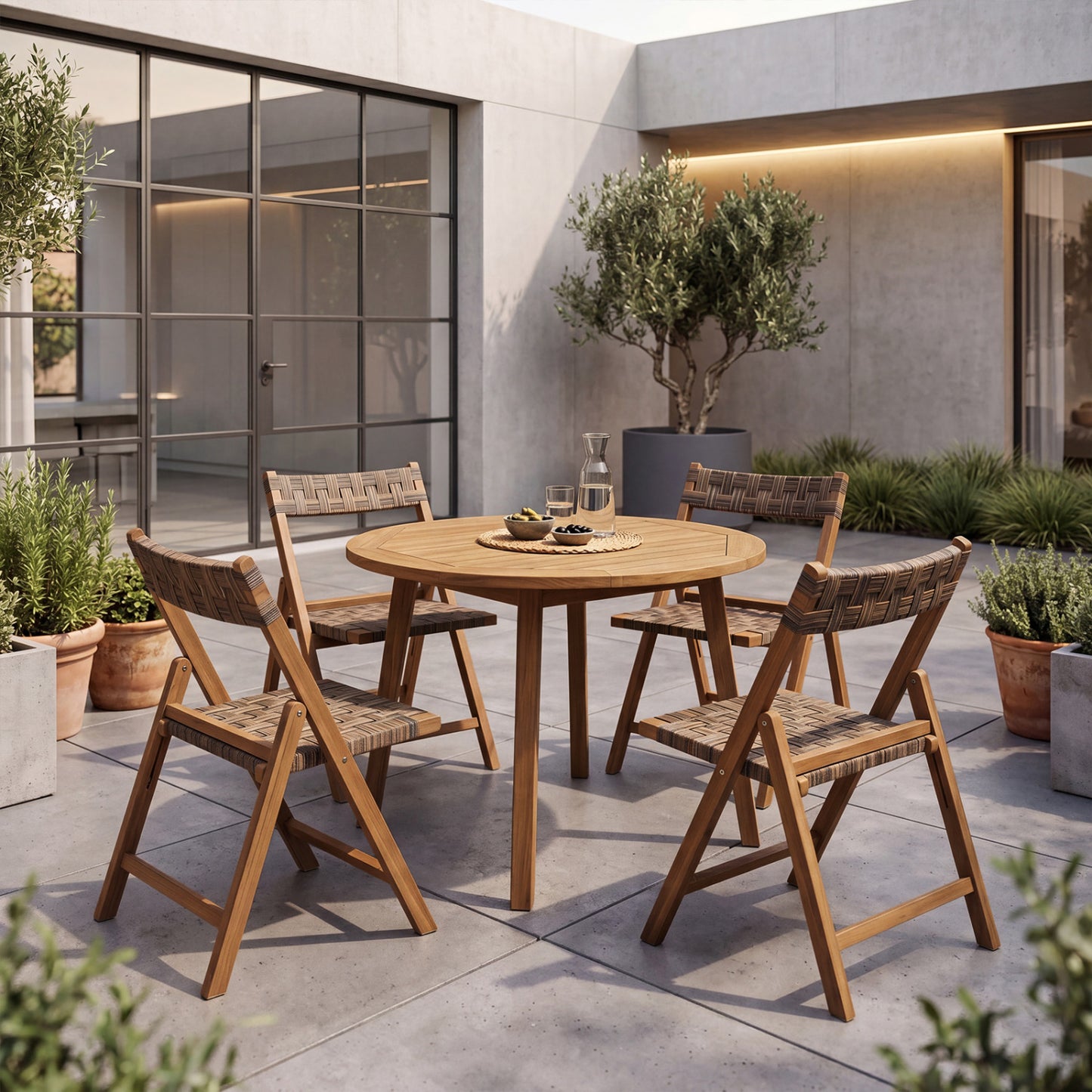 Pair of teak folding outdoor chairs with hand-woven rattan seats and contoured backs for patio dining and outdoor seating.