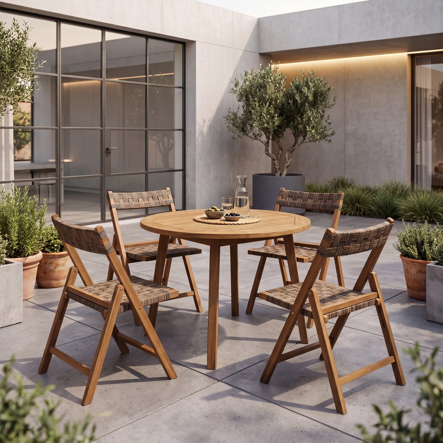 Pair of teak folding outdoor chairs with hand-woven rattan seats and contoured backs for patio dining and outdoor seating.