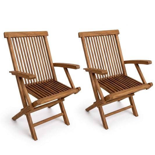 Set of two teak wood folding patio dining chairs with inclined backrests, slatted seats, and cozy armrests for outdoor seating.