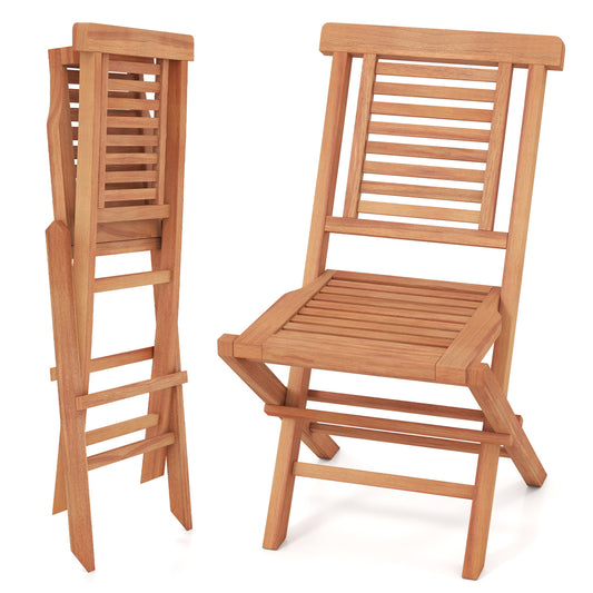 Set of 2 teak wood folding patio chairs with high backrest and X-support, ideal for outdoor backyard seating.
