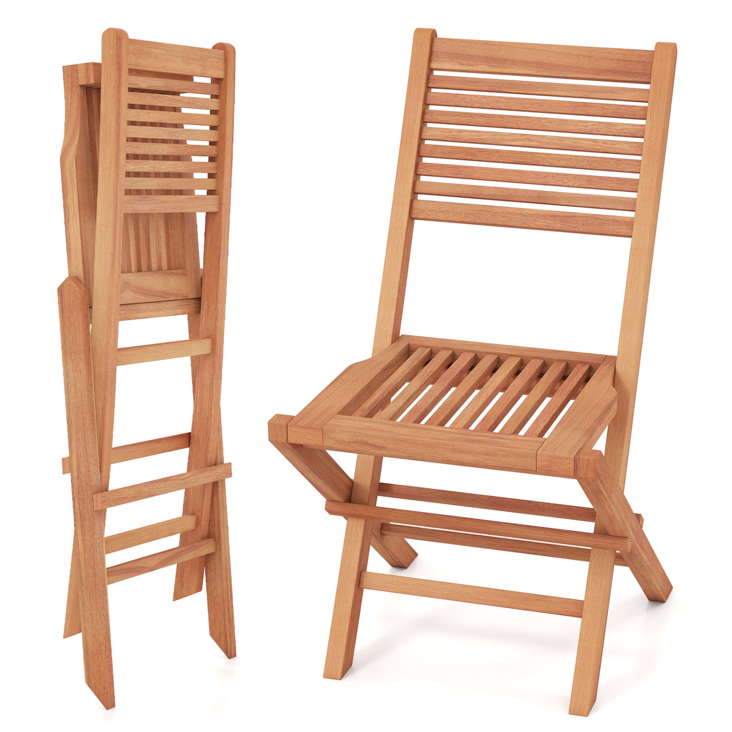 Teak Wood Folding Patio Chairs Set of 2 with Slatted Seat & Portable Design for Deck