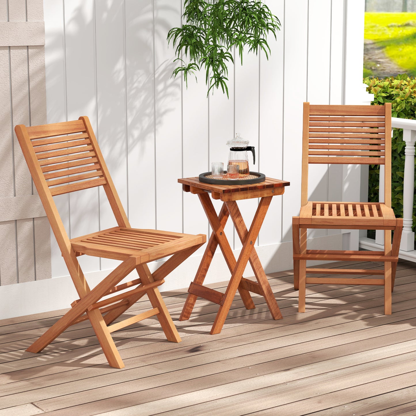Teak Wood Folding Patio Chairs Set of 2 with Slatted Seat & Portable Design for Deck