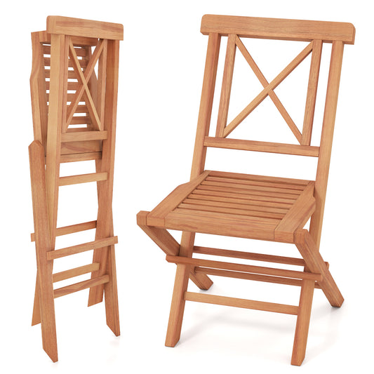 Pair of teak wood folding patio chairs with sturdy frames and comfortable backs, ideal for outdoor garden seating.