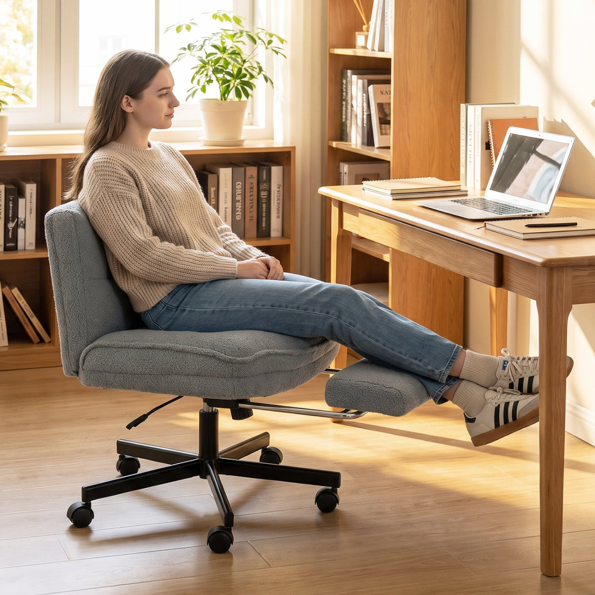 Teddy Plush Office Chair with Footrest and Adjustable Height for Home Office-Gray