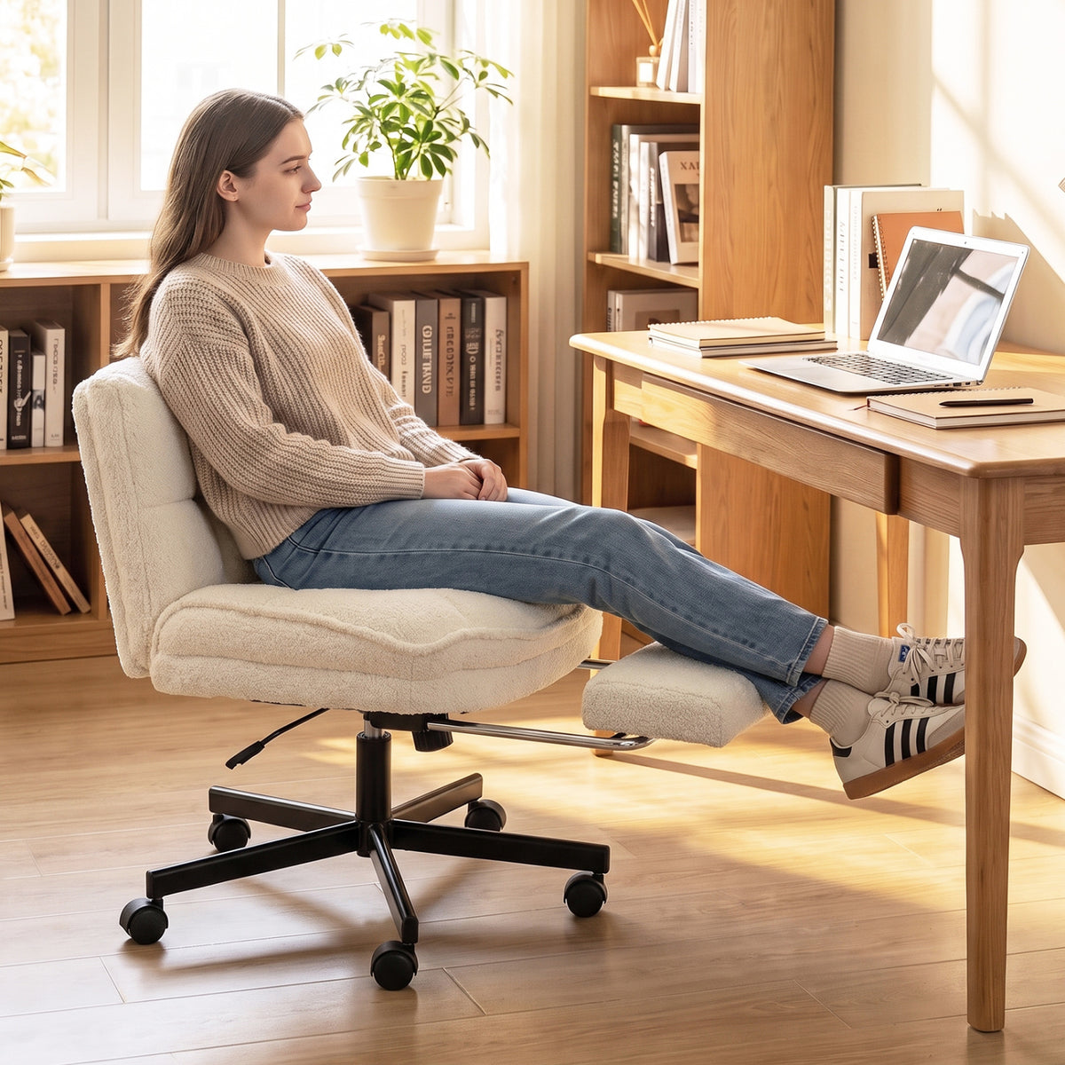 Teddy Plush Office Chair with Footrest and Adjustable Height for Home Office-Gray
