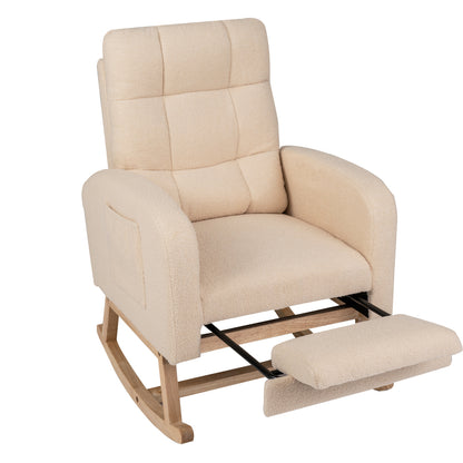 Teddy Upholstered Rocking Chair with Retractable Footrest-Beige