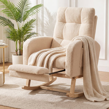 Teddy Upholstered Rocking Chair with Retractable Footrest-Beige
