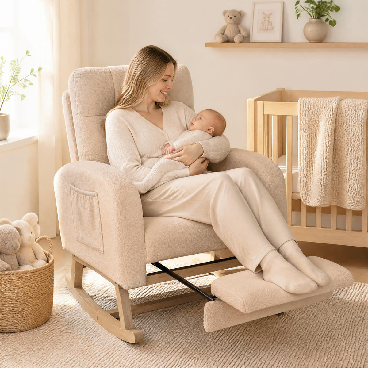 Teddy Upholstered Rocking Chair with Retractable Footrest-Beige
