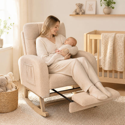 Teddy Upholstered Rocking Chair with Retractable Footrest-Beige