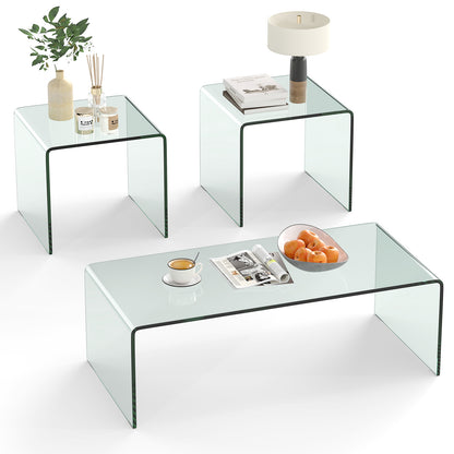 Tempered Glass Coffee Table Set of 3 with 1 Clear Coffee Table and 2 End Tables