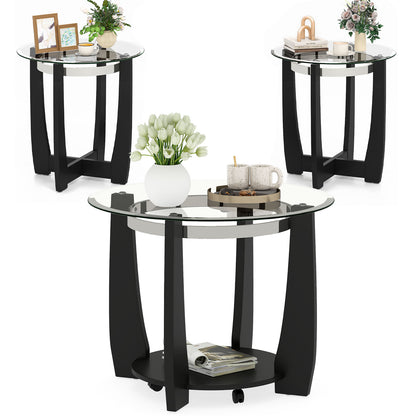 Tempered Glass Coffee Table Set of 3 for Living Room Bedroom-Black