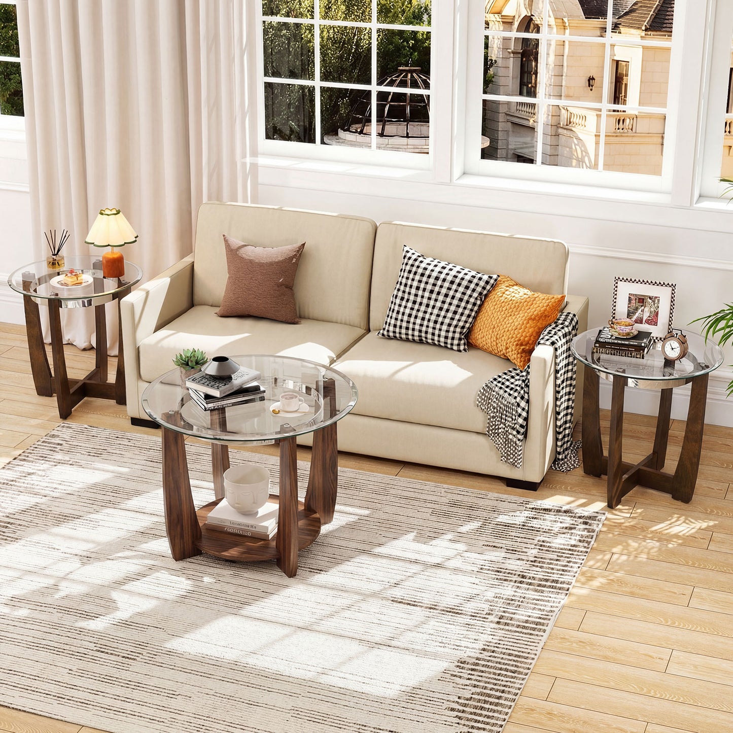 Tempered Glass Coffee Table Set of 3 for Living Room Bedroom-Black