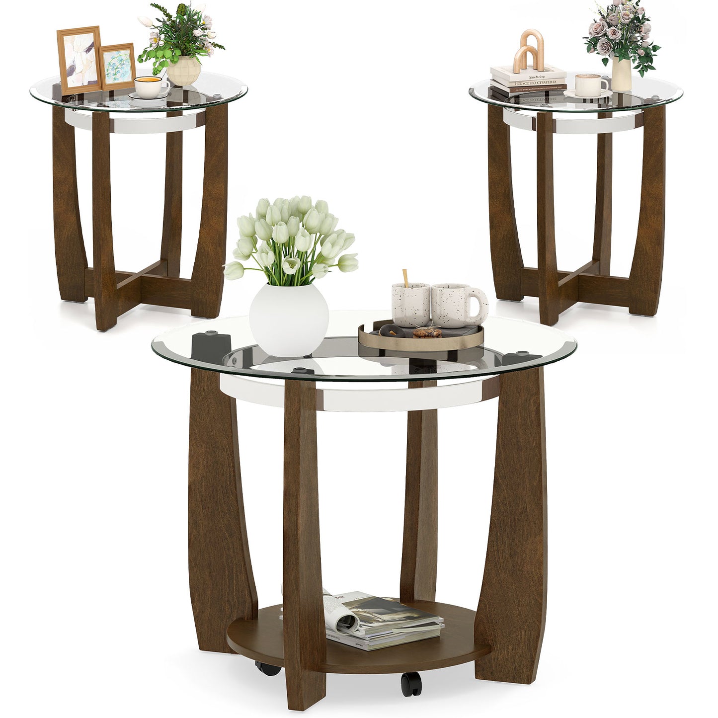 Tempered Glass Coffee Table Set of 3 for Living Room Bedroom-Black