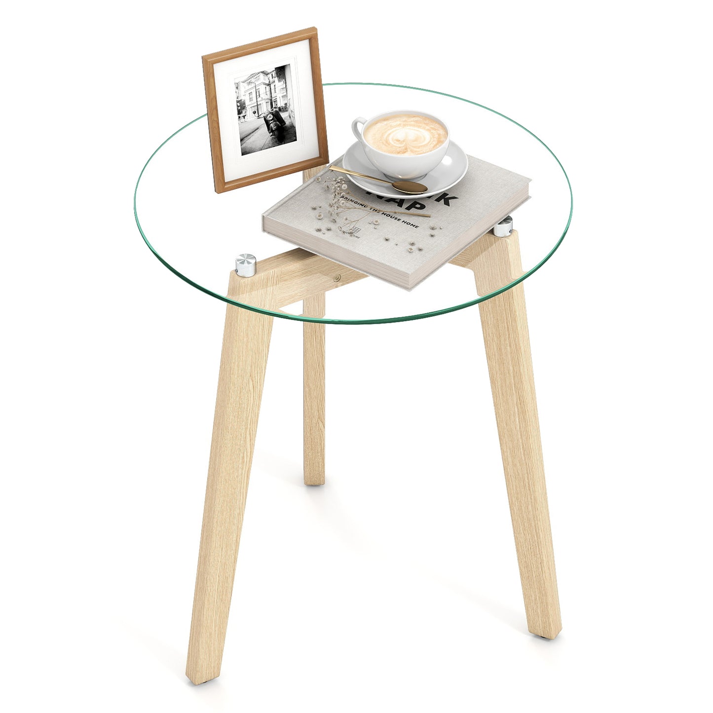 Tempered Glass End Table Round with Solid Rubber Wood Structure-1 Piece
