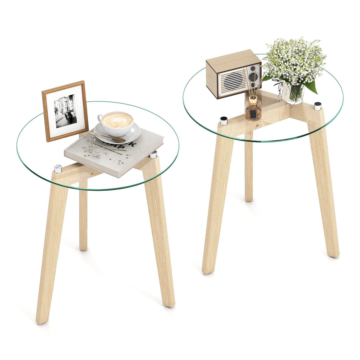 Tempered Glass End Table Round with Solid Rubber Wood Structure-1 Piece