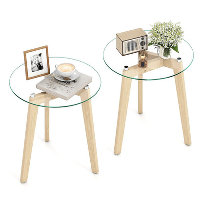 Tempered Glass End Table Round with Solid Rubber Wood Structure-1 Piece