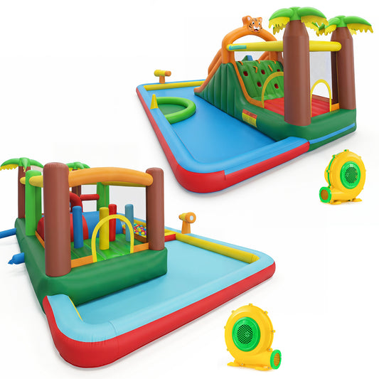 Tiger inflatable water park obstacle bounce house with two blowers, outdoor water slide toy for kids' summer fun.