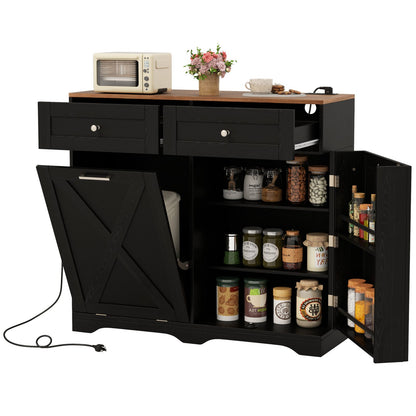 Tilt Out Trash Can Cabinet with Outlets and Adjustable Shelf-Black