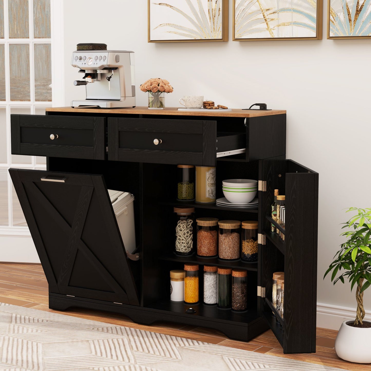 Tilt Out Trash Can Cabinet with Outlets and Adjustable Shelf-Black