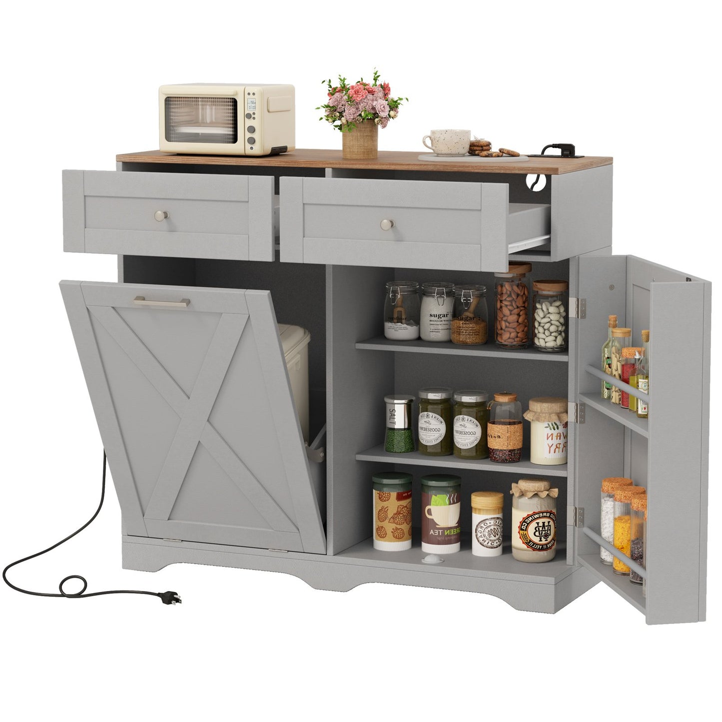 Tilt Out Trash Can Cabinet with Outlets and Adjustable Shelf-Black