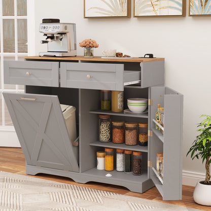 Tilt Out Trash Can Cabinet with Outlets and Adjustable Shelf-Black