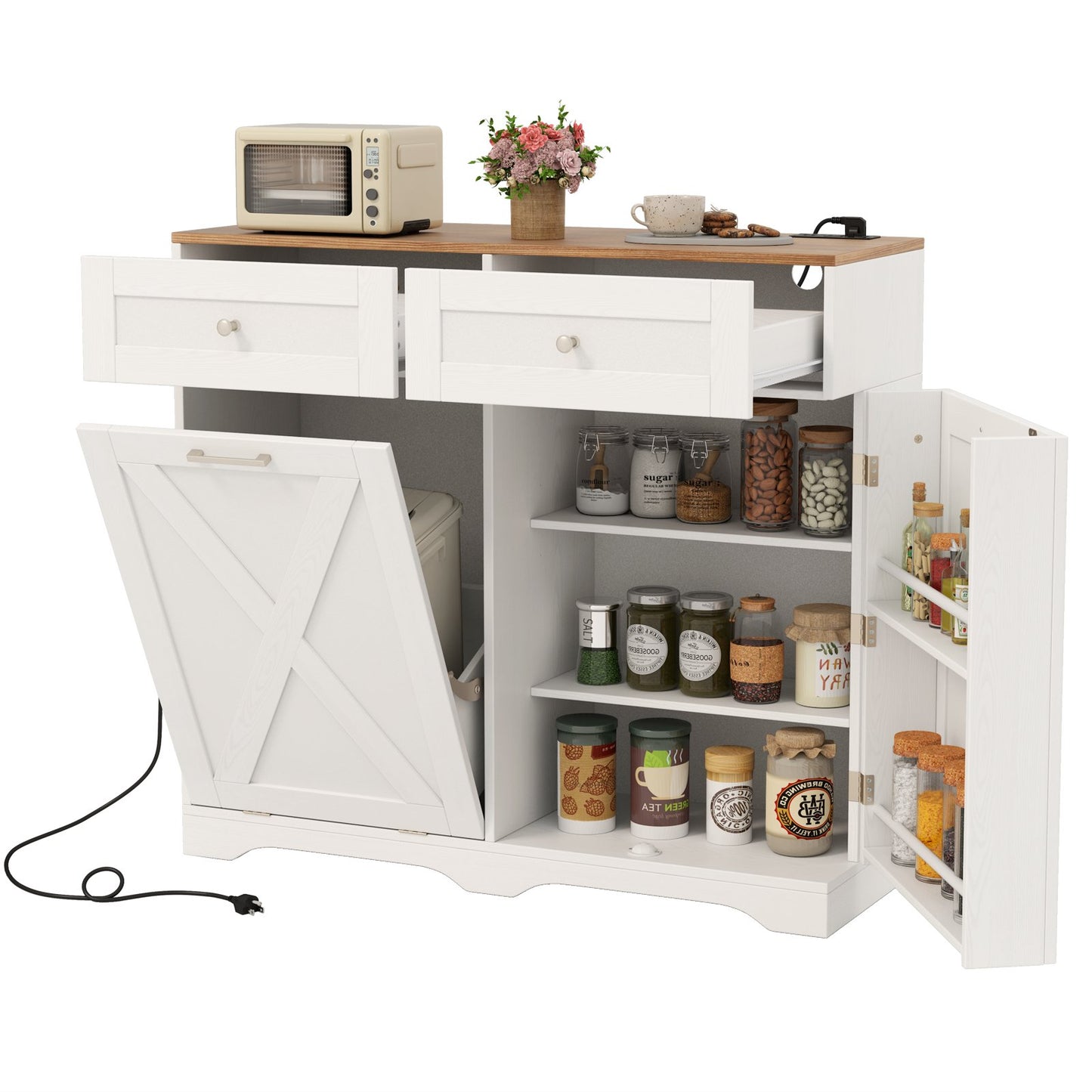 Tilt Out Trash Can Cabinet with Outlets and Adjustable Shelf-Black