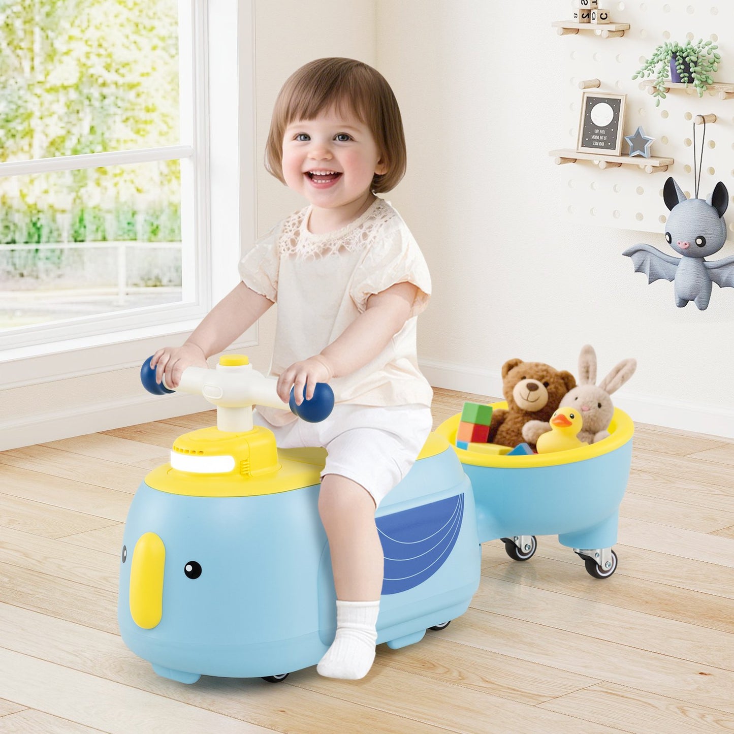 Toddler Ride on Toy with Trailer and Light Music-Beige