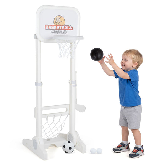 Toddler sports set with 3-in-1 basketball hoop and soccer goal, outdoor toy sports set by Wilsons Home Store.