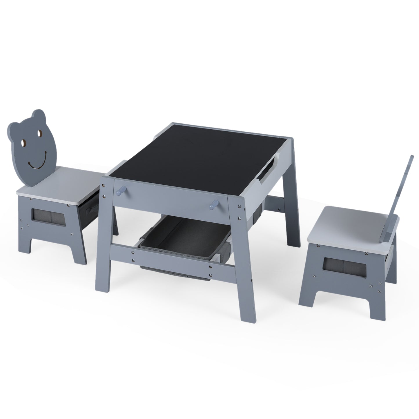 Toddler Table and 2 Chairs 5-in-1 Cute Art Desk Set with Reversible Chalkboard Whiteboard-Grey