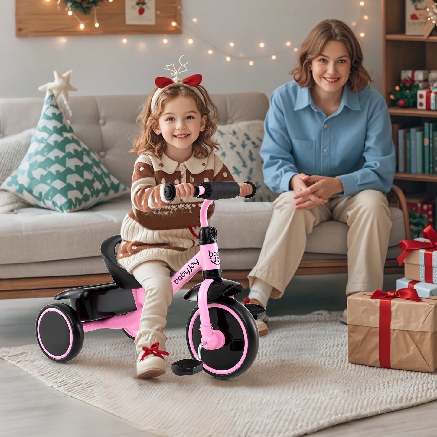 Toddler Tricycle Kids Trike with Adjustable Seat and Storage Basket Aged 3-5 Years Old-Pink