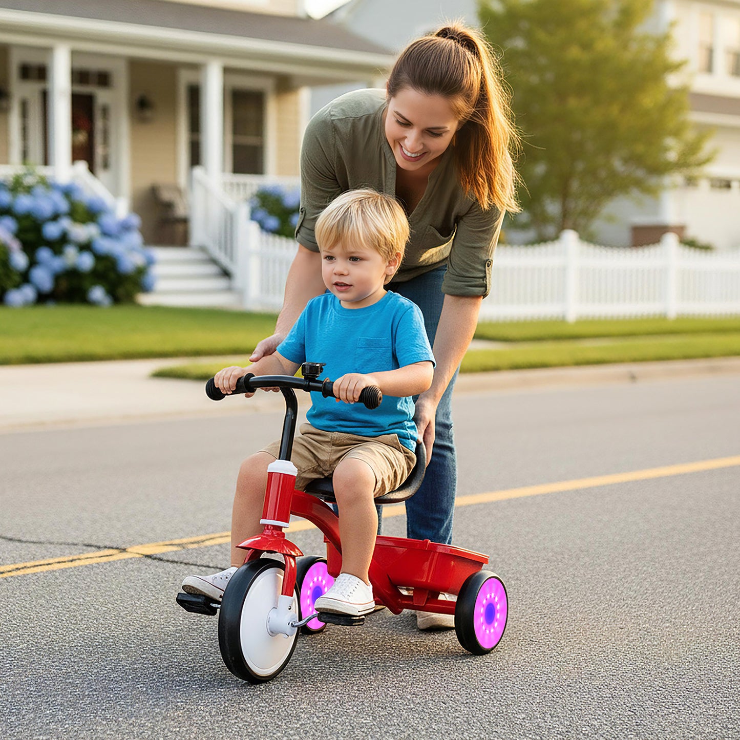 Toddler Tricycle with Glowing Wheels and 4-Level Adjustable Seat