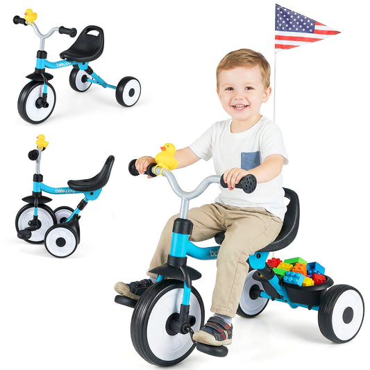 Toddler Tricycle with 3-Position Seat and Storage Basket for Kids-Blue