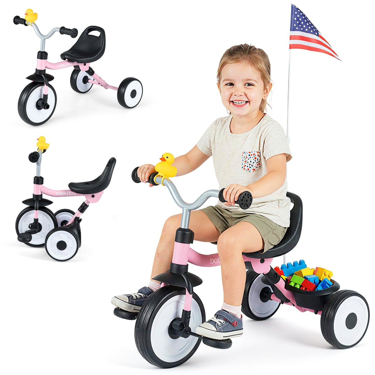 Toddler Tricycle with 3-Position Seat and Storage Basket for Kids-Blue