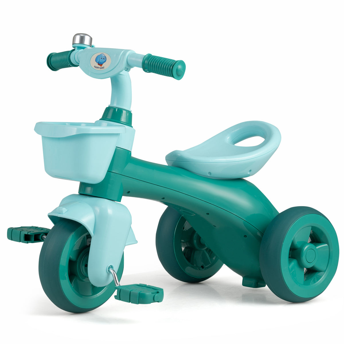Green toddler tricycle with limited steering, front baskets, and bell, designed for young children, from Wilsons Home Store.