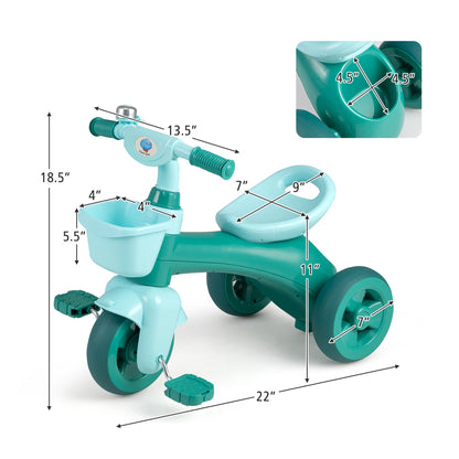 Green toddler tricycle with limited steering, front baskets, and bell, designed for young children, by Wilsons Home Store.