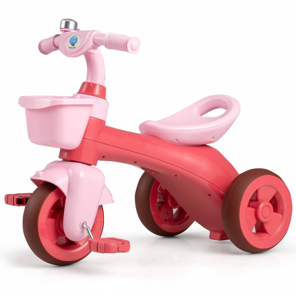 Green toddler tricycle with limited steering, front baskets, and bell, designed for young children, from Wilsons Home Store.