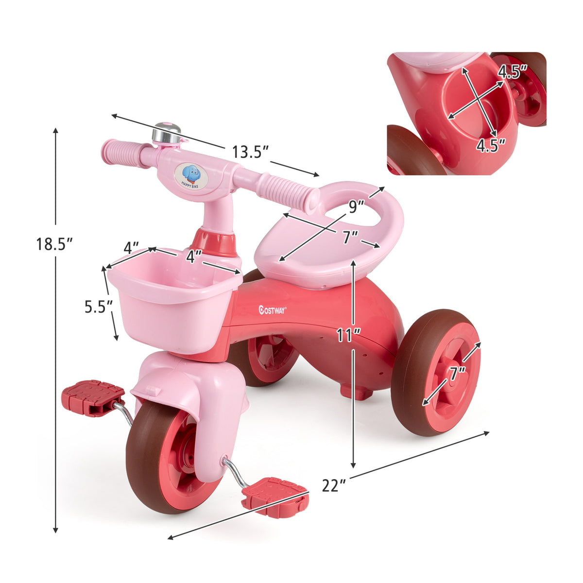 Green toddler tricycle with limited steering, front baskets, and bell, designed for push and pedal riding for young children.