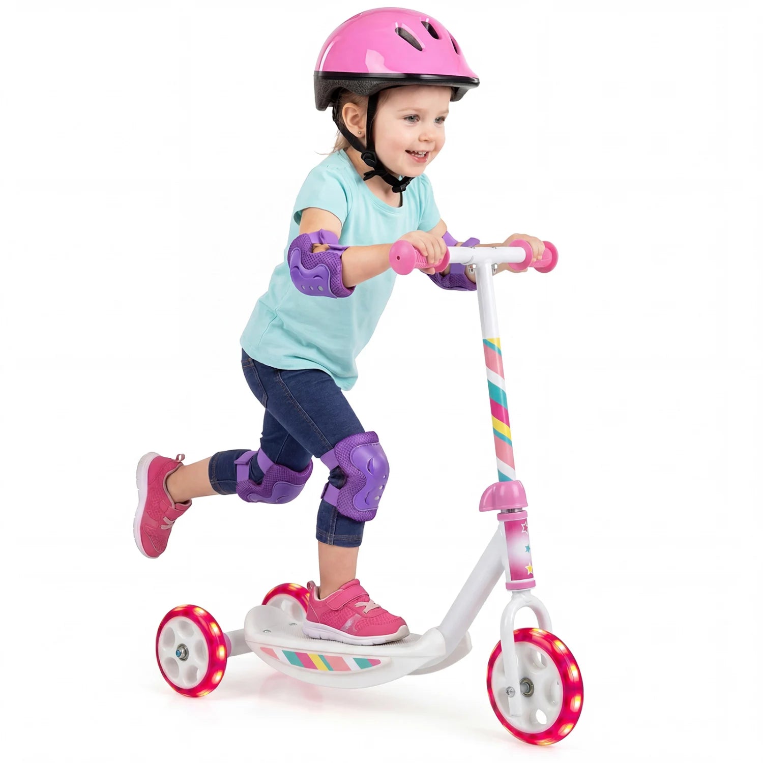 Pink toddler kick scooter with LED light-up wheels, wide anti-slip deck, suitable for boys and girls, from Direct by Wilsons Home Store.