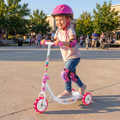Pink toddlers' kick scooter with LED light-up wheels, wide anti-slip deck, suitable for boys and girls, from Direct by Wilsons Home Store.