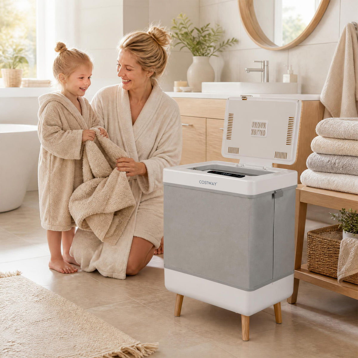 Towel Warmer Bucket with Foldable Design and Auto Shut Off for Bathroom-Natural