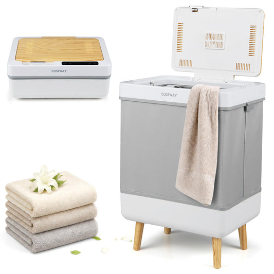 Natural towel warmer bucket with foldable design and auto shut-off, ideal for bathroom use, by Wilsons Home Store.