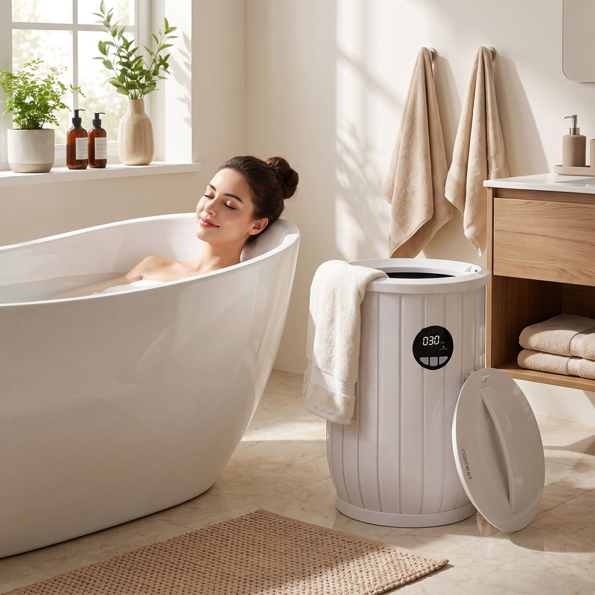 Towel Warmer Heated Bucket with Auto Shut Off and Fragrance Tray for Bathrooms-White