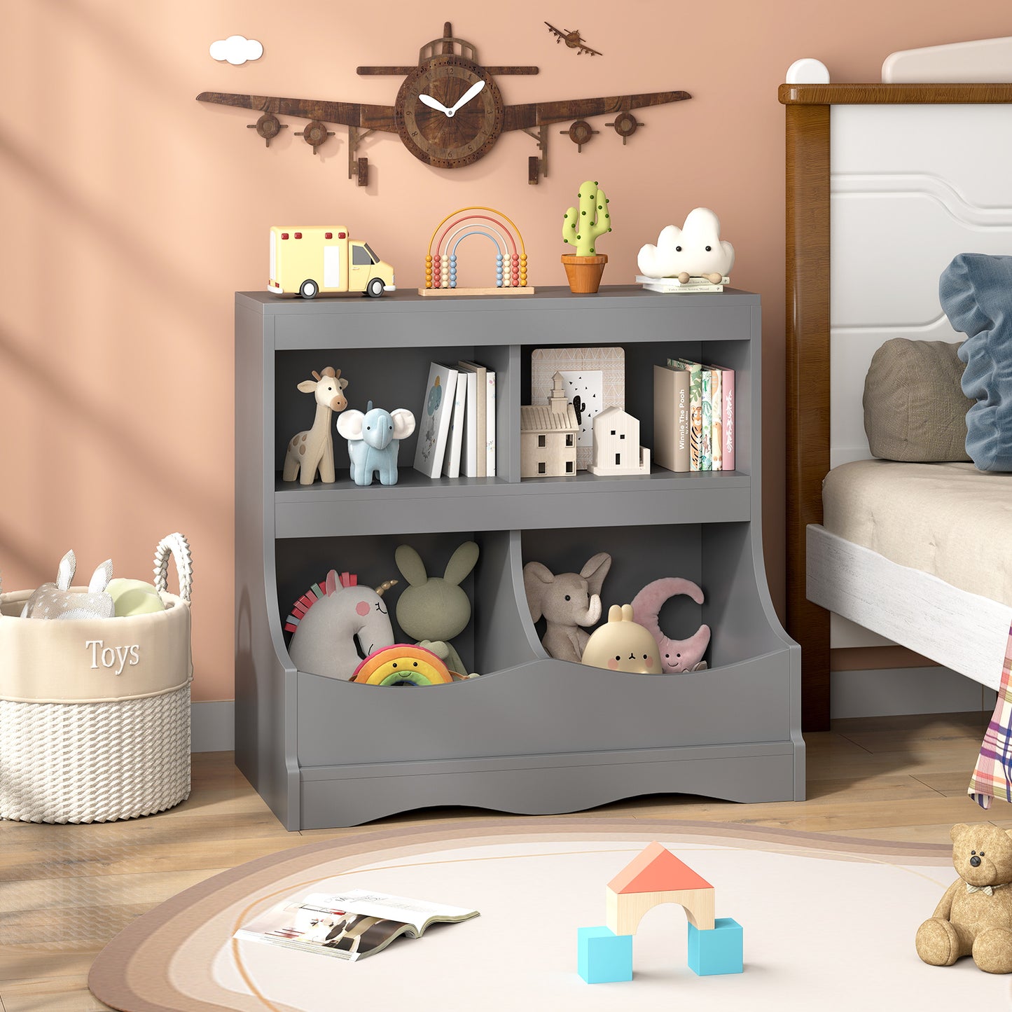 Toy Storage Organizer 4-Cubby Kids Bookcase for Toys and Books-Gray