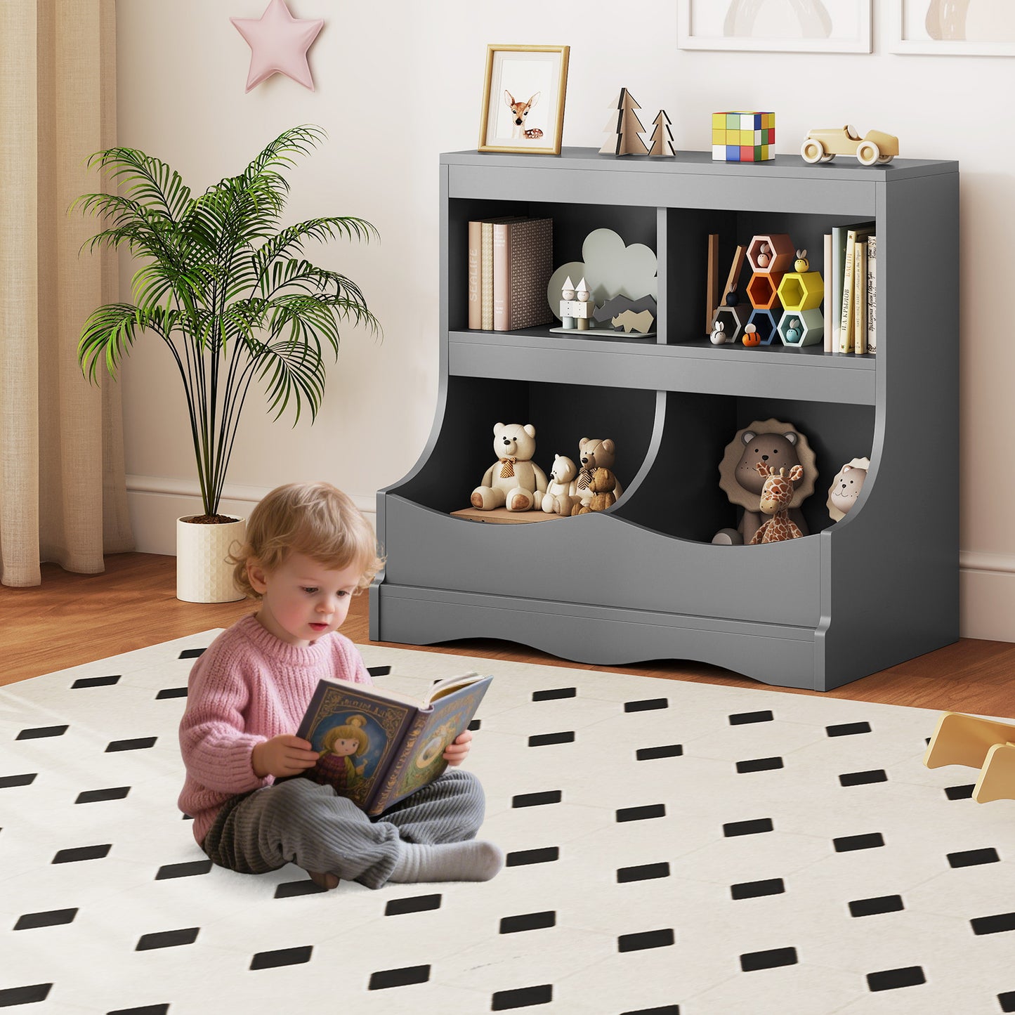 Toy Storage Organizer 4-Cubby Kids Bookcase for Toys and Books-Gray