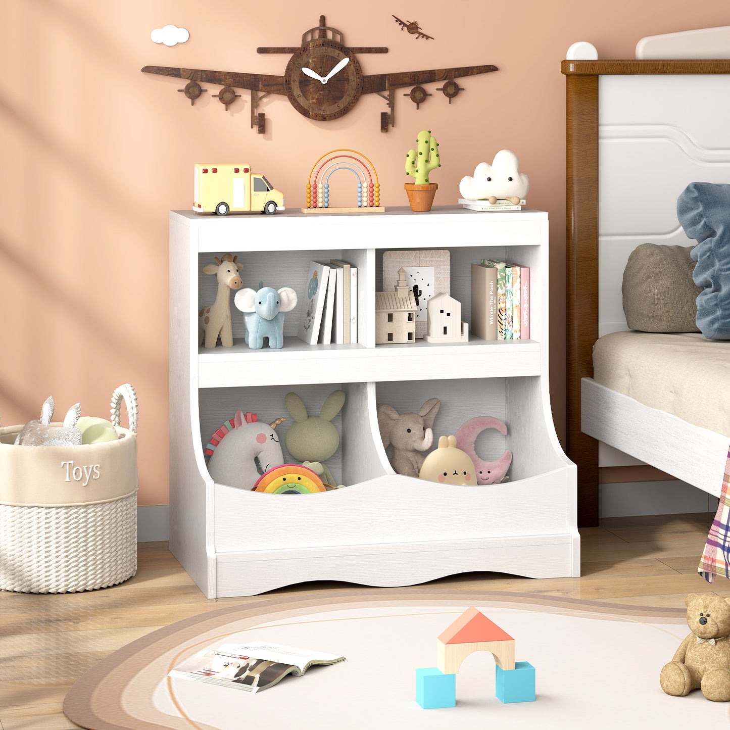 Toy Storage Organizer 4-Cubby Kids Bookcase for Toys and Books-Gray