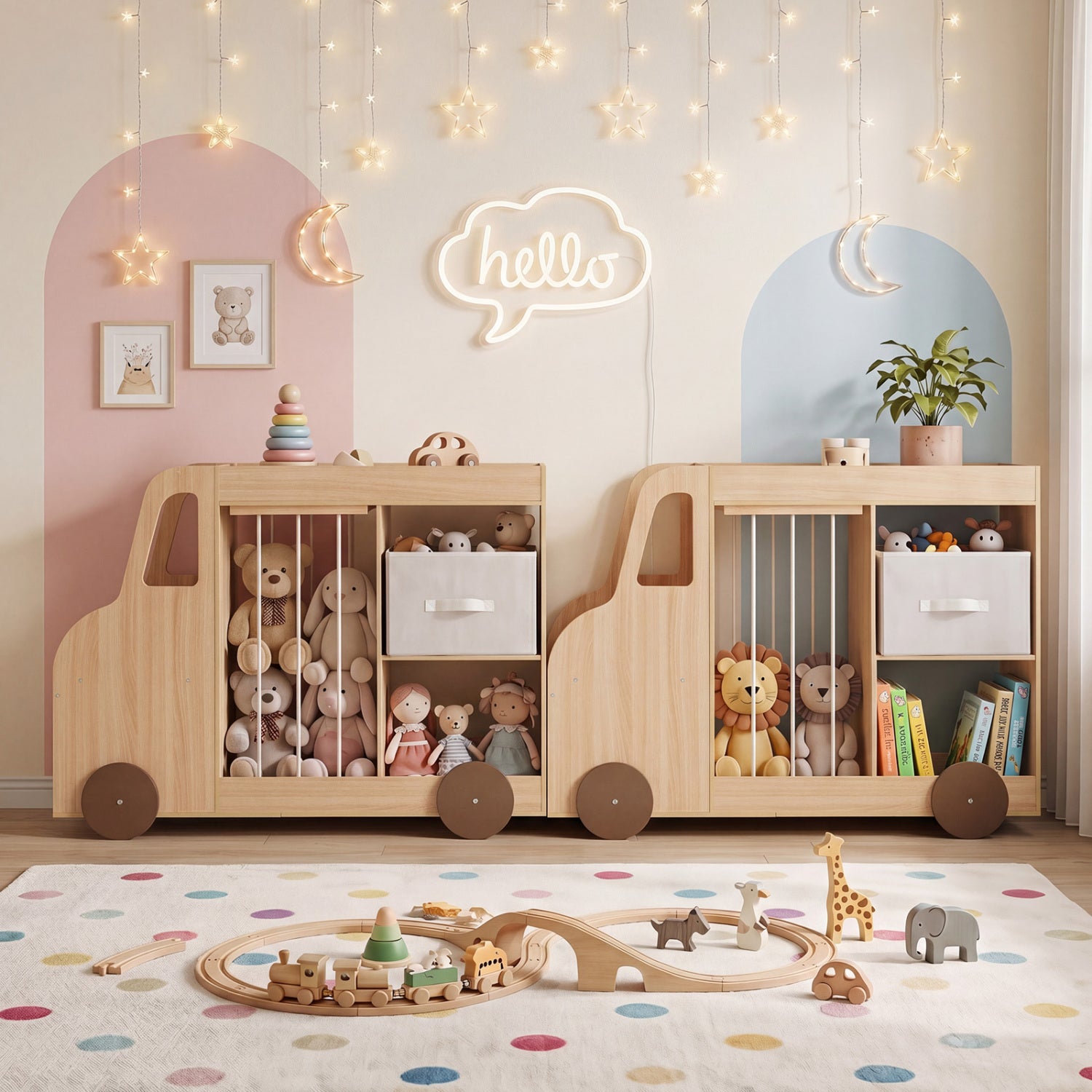 Natural fabric toy storage organizer with stuffed animal compartments and universal wheels for kids' room organization.