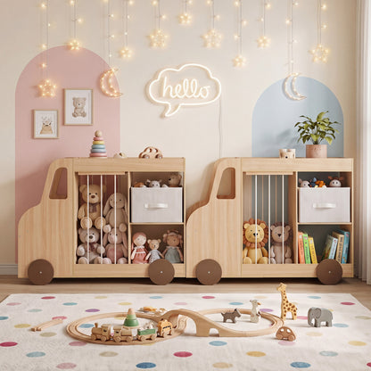 Natural fabric toy storage organizer with stuffed animal compartments and universal wheels for kids' room organization.